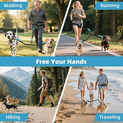 Hands Free Dog Leash for 2 Dogs with Pouch, Waist Leash for Dog Walking, Jogging, Hiking, Retractable Leashes with Dual Padded Handles, Adjustable Reflective Belt for Small, Medium, Large Dogs
