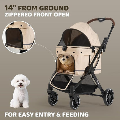 All-Terrain Dog Stroller for Small to Medium Dogs, Pet Stroller for Dogs & Cats Outdoor Walks, One-Hand Easy Fold, Double-Layer Anti-UV & Waterproof Canopy & Breathable Mesh, Vanilla Beige