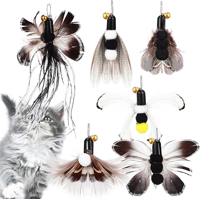 POPETPOP Cat Replacement Heads 6 Pcs Realistic Insect Teaser with Bell for Interactive Indoor Cat Toys