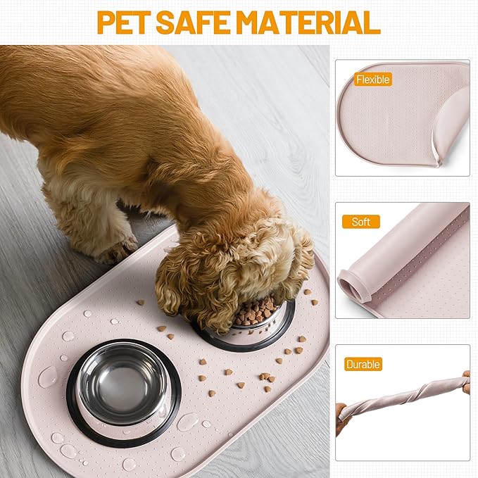 Hubulk 100% Waterproof Silicone Pet Feeding Mat with Raised Edge for Food and Water, Dog Bowl Mats, Cat Bowls Placemat with High Lip Protects Floor for Cats and Dogs (White Sand, 16" L x 10" W)