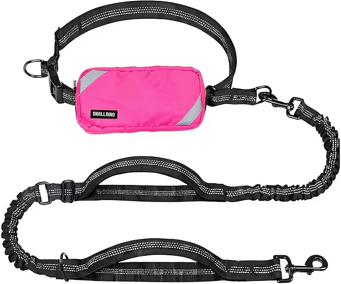 Hands Free Dog Leash with Waterproof Pouch, Adjustment Bungee Leash with Dual Soft Padded Handles for Hiking, Walking, Jogging and Running Your Dogs(Pink)