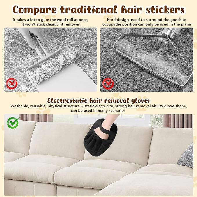 Pet Hair Removal Glove, Electrostatic Pet Hair Removal Gloves, Upgrade Efficient Grooming Gloves for Pet Hair, Clothing, Couch, Furniture, Carpet, Car Seat-2PCS