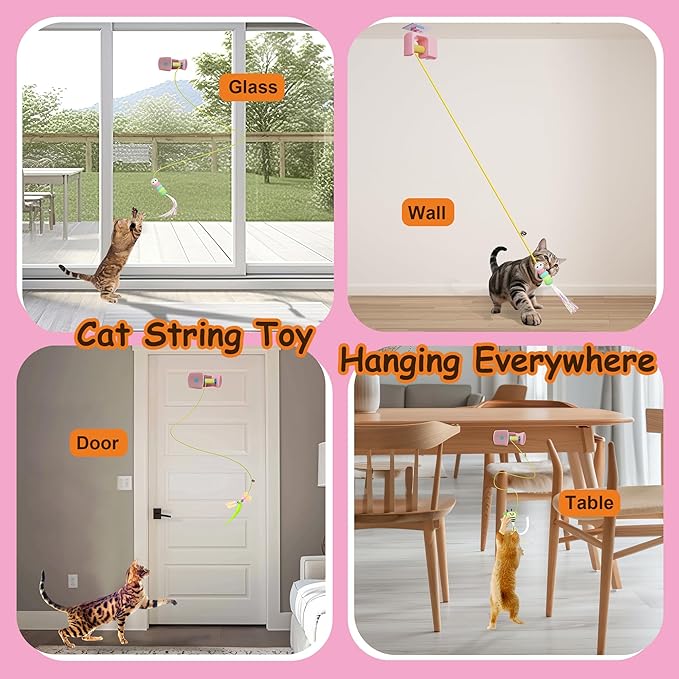 Automatic Hanging Cat Toy for Indoor Cats, Electric Doorway Cat Teaser with Motion Sensor, Quiet Motor & Retractable Rope, Includes 3 Replaceable Feather Attachments, USB Rechargeable, Pink