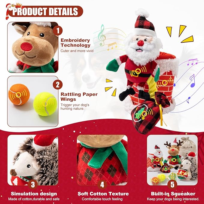 Christmas Dog Toy Set, 5 Pack Plush & Balls with Gift Bag – Reindeer, Santa, Hedgehog & Tennis Balls, Squeaky Durable Toys for Small Medium Dogs, Holiday Pet Gift Bundle