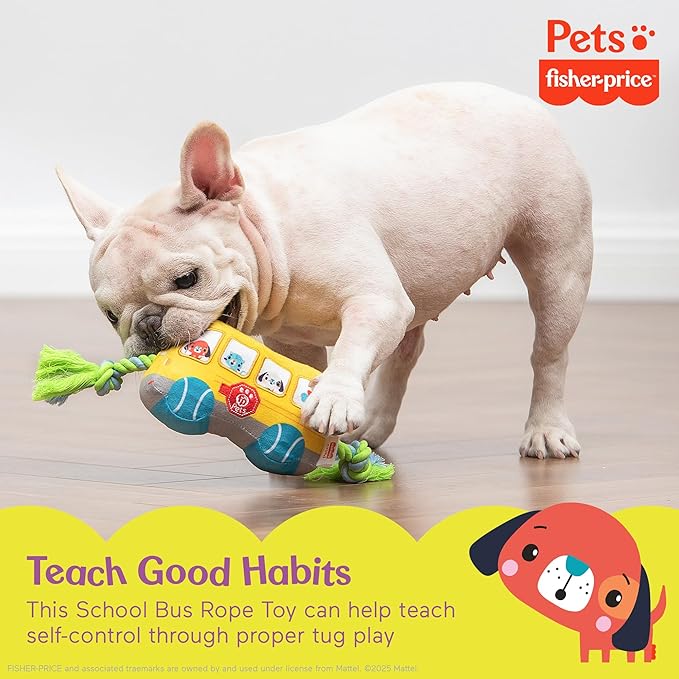 Fisher-Price for Pets School Bus Rope Toy for Dogs, Dog Tug Toy with Rope, Plush Dog Toy with Squeaker Inside, Developmental Dog Toys