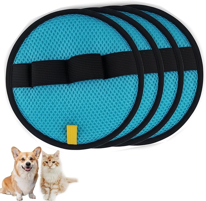 4Pack Pet Hair Removal Glove for Cats and Dogs, Four-Finger Circular Design with Soft Lining and Hanging Loop, Reusable Pet Grooming Gloves for Clothing, Carpet, Car Seats (Blue)