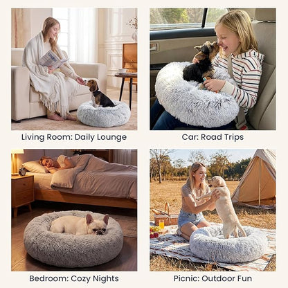 JOLLYVOGUE Small Dog & Cat Beds for Indoor Cats - 20 inches Calming Donut Dog Bed for Kittens & Puppies, Washable Round Fluffy Plush Faux Fur Pet Beds (Smoke Grey)
