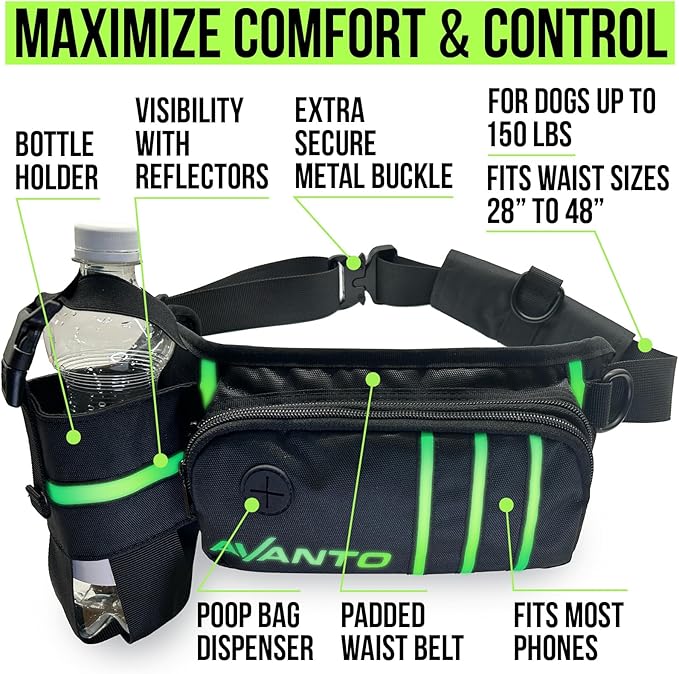 AVANTO Hands Free Dog Leash with Waist Belt – Adjustable Running Belt for Dogs, Reflective Bungee, Dual Handles, Durable for Large Dogs, No-Pull Jogging & Hiking Leash for Active Pet Owners