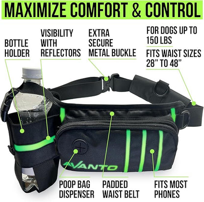 AVANTO Hands Free Dog Leash with Waist Belt – Adjustable Running Belt for Dogs, Reflective Bungee, Dual Handles, Durable for Large Dogs, No-Pull Jogging & Hiking Leash for Active Pet Owners