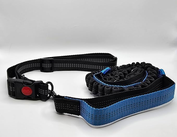 Hands Free Dog Leash with Adjustable Waist Belt, Dual Padded Handles, Elastic Bungee Ropes for Small to Large Dogs, Reflective Stitches for Walking, Hiking, Running and Biking. (Black/Blue, Medium)