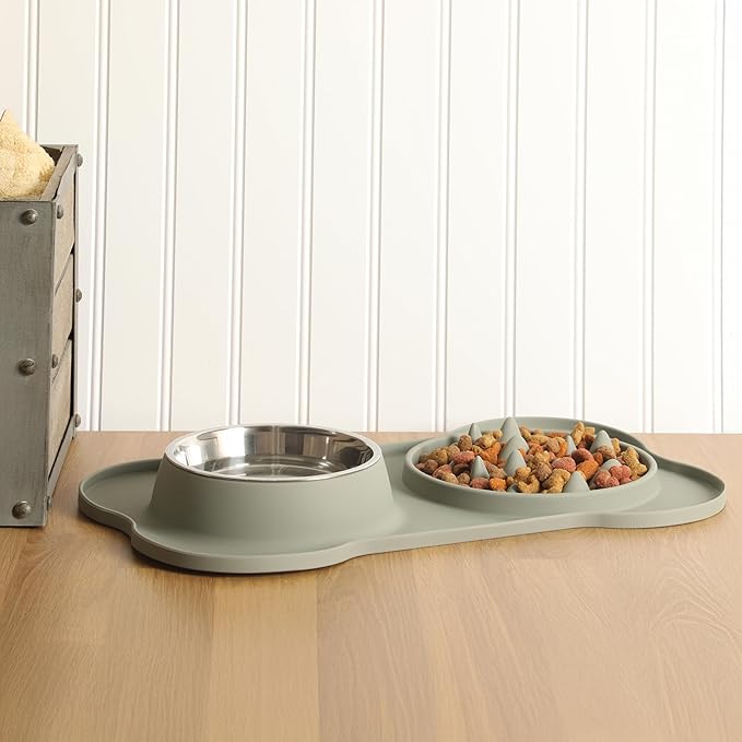 Gibson Home Curious Canines Slow Feeder Dog Bowl Set, 16” Bone Shaped Double Bowl, Silicone Base with Stainless Steel Insert, Anti-Gulp Feeding, Dishwasher Safe, Green