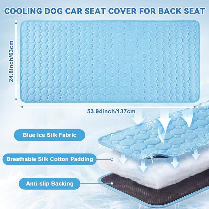 Hahafelt 54"x24.8" Dog Cooling Mat for Car Back Seat, Ice Silk Pet Bed Mat, Non Slip Summer Cooling Pad for Dogs and Cats, Fits Backseat Extenders Protector, Trucks, Suvs, Indoor & Outdoor (Sky Blue)