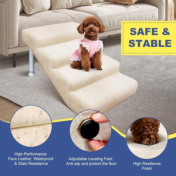 DoCred Adjustable Pet Stairs for Beds & Sofas - 4 Step 14.5"-17.7" H Non-Slip Dog Stairs for Small to Medium Dogs & Cats, Supports up to 150 lbs - Linen Faux Leather Dog Steps