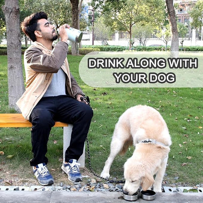 ILOMAX 3-in-1 Stainless Steel Dog Travel Water Bottle with Food & Water Bowls, Leak-Proof & Insulated, Extra Magnetic Lid, Keeps Drinks Cold 12H/Hot 6H, Portable Outdoor Hydration, 32oz (Bluish White)