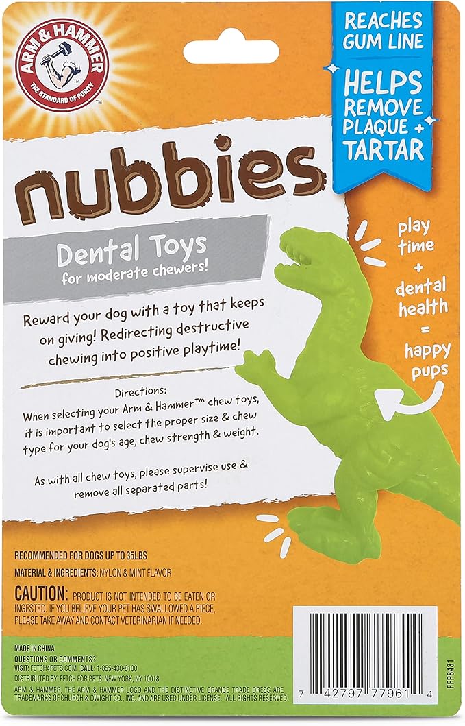 Arm & Hammer for Pets Nubbies Dental Toys T-Rex Dental Chew Toy for Dogs Best Dog Chew Toy for Moderate Chewers Reduces Plaque & Tartar Buildup Without Brushing, Mint Flavor (Pack of 2)