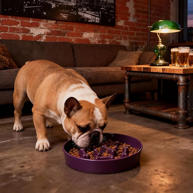 Ceramic Slow Feeder Dog Bowls, Ceramic Slow Feeder Maze Dog Food Bowl, Slow Eating Dog Bowl and Slow Feeder Dog Bowl Anti-Choking for Daily Pet Feeding （Purple Bone）