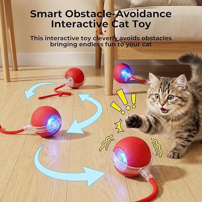 Interactive electric automatic 360 rolling USB rechargeable motion-sensing toy smart chasing cat ball, equipped with a quick tail rope, specially designed for active adult cats and indoor dogs.