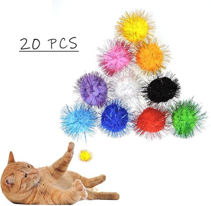 Andiker Cat Sparkle Balls - 1.5 Inches Colorful Tinsel Glitter Pom Pom Toys for Indoor Cats - Interactive and Lightweight to Keep Fit and Active (4.5cm, 20pcs)
