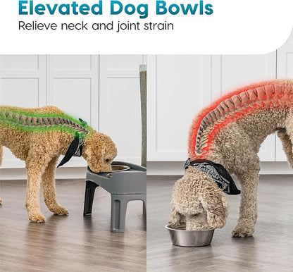 IRIS USA Adjustable Elevated Dog Bowls, Raised Feeder with 2 Stainless Steel 64 oz Bowls, Spill-Guard Rim, 12.25" or 4.63" Heights, Durable Plastic, Made in USA, Dark Gray