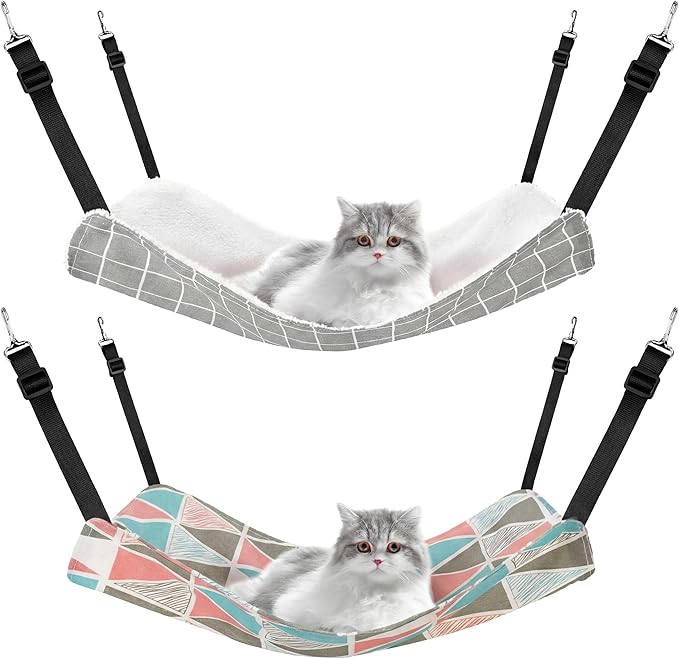 Jetec 2 Pack Cat Hammock for Cage, Catio Accessories Reversible Soft Cats Bed with Adjustable Straps and Hooks Double-Sided Linen and Fleece Hanging Hammock for Cats, Kitten(Geometry Pattern,L)