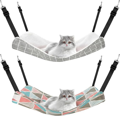 Jetec 2 Pack Cat Hammock for Cage, Catio Accessories Reversible Soft Cats Bed with Adjustable Straps and Hooks Double-Sided Linen and Fleece Hanging Hammock for Cats, Kitten(Geometry Pattern,M)