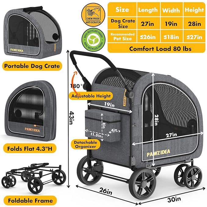 PAWZIDEA 3-in-1 Large Dog Stroller with Detachable Carrier up to 80lbs, Portable Dog Car Crate & Travel Kennel, Foldable Pet Stroller for 2 Medium Dogs, All-Terrain 9” Jogger Wheels, Adjustable Handle