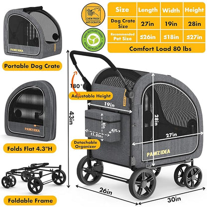 PAWZIDEA 3-in-1 Large Dog Stroller with Detachable Carrier up to 80lbs, Portable Dog Car Crate & Travel Kennel, Foldable Pet Stroller for 2 Medium Dogs, All-Terrain 9” Jogger Wheels, Adjustable Handle