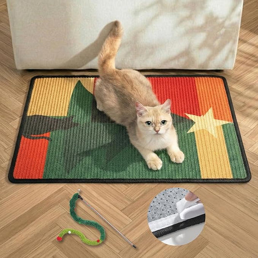 Cat Scratcher Mat,Sisal Cat Scratch Pad,Horizontal Floor Cat Scratching Pads Rug for Indoor Cats,Protector for Wall&Carpets&Sofas,Kitty Xmas-Gift, Includes Cat Toy (M, Christmas)