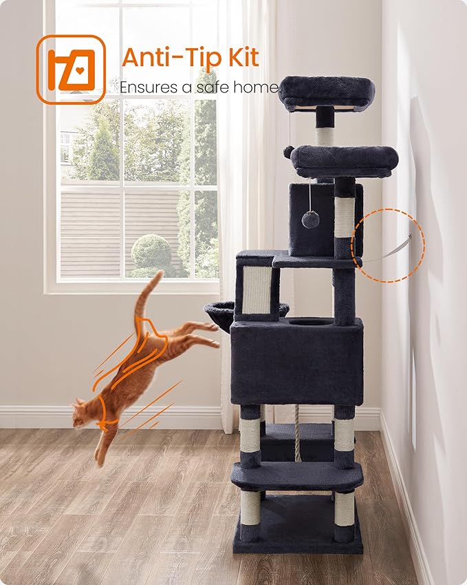 Feandrea Cat Tree, 66.1-Inch Large Cat Tower, Multi-Level Plush Condo with 13 Scratching Posts, 2 Perches, 2 Caves, Basket, Hammock, Pompoms, Smoky Gray UPCT165G01