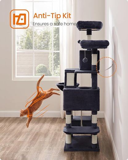 Feandrea Cat Tree, 66.1-Inch Large Cat Tower, Multi-Level Plush Condo with 13 Scratching Posts, 2 Perches, 2 Caves, Basket, Hammock, Pompoms, Smoky Gray UPCT165G01