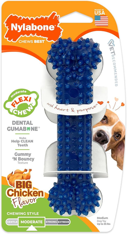 Nylabone Textured Dental Bone Flexi Chew Toy for Dogs, Dog Toys for Moderate Chewers, Chicken Flavor, Medium - Up to 35 lbs, 1 Count