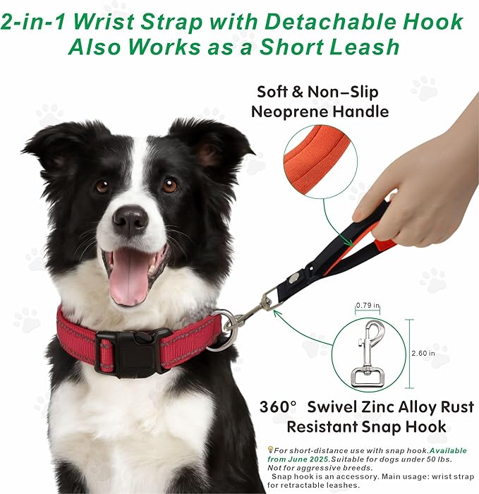 Wrist Strap for Retractable Dog Leash – Adjustable Safety Band with Soft Neoprene Lining and Lockable Hook for Short-Distance Control，Orange Red
