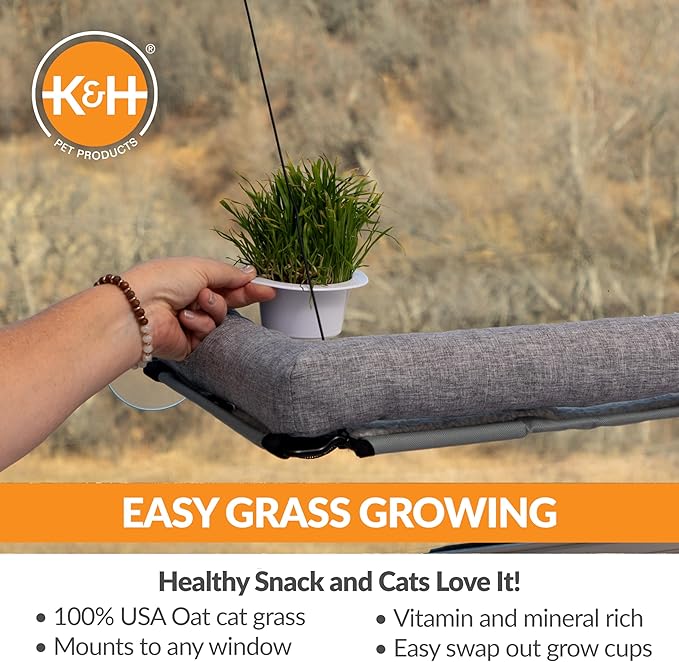 K&H Pet Products EZ Mount Cat Window Perch Deluxe Bolstered Kitty Sill with Cat Grass Grow Station - Hammock Window Bed for Indoor Pets, Home Grown Grass Toy for Bored Indoor Felines