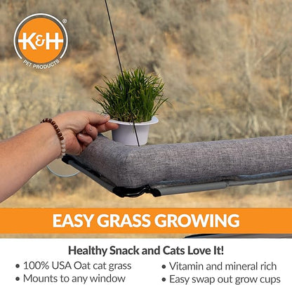 K&H Pet Products EZ Mount Cat Window Perch Deluxe Bolstered Kitty Sill with Cat Grass Grow Station - Hammock Window Bed for Indoor Pets, Home Grown Grass Toy for Bored Indoor Felines