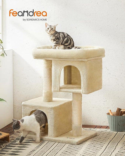 Feandrea Cat Tree, 33.1-Inch Cat Tower, Plush Condo for Large Cats up to 16 lb, Large Perch, 2 Caves, Scratching Post, Beige UPCT61M