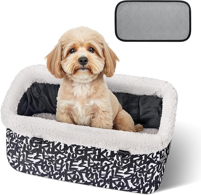 BurgeonNest Center Console Dog Car Seat for Small Dogs, Puppy Cat Car Seat Booster with Soft Cushion Safety Belt, Seats Safe & Cozy Metal Frame Armrest Dog Booster Pet Under 11 lbs (Graffiti)