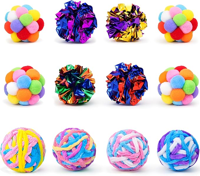 12 Pack 1.7 Inch Cat Toy Balls, Assorted Wool Yarn, Bell & Crinkle Balls for Indoor Cats & Kittens, Interactive Colorful Set
