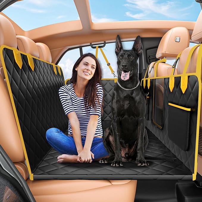 IJVAE Hard Bottom Car Seat Cover for Dogs.Gold Waterproof Dog Seat Cover for Back Seat Extender for Dogs,Scratch-Proof and Anti-Slip Car Dog Hammock for Large Dogs SUV,Gold(Holds 500 Lbs)