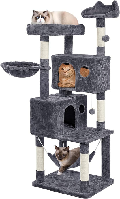 Yaheetech 64.5in Extra Large Cat Tree with 2 Perches, 2 Condos, 5 Scratching Posts, Funny Hammock & Basket & Dangling Balls, Multi-Level Cat Tower for Indoor Felines, Dark Gray