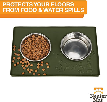 Neater Pet Brands Neater Mat Pet Mats for Food and Water, Cat & Dog Bowl Mat Waterproof Silicone, Feeding Tray, Dog Food Mats for Floors, Placemat w/Raised Edge for Under Bowls, 19” x 12”, Olive