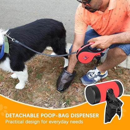 ILOMAX 360° Tangle-Free Retractable Dog Leash Built-in Waste Bag Dispenser Under Handle 2 Rolls Poop Bags Included Heavy Duty Tape Leash for Dogs up to 50kg Carry Pouch Included.26ft (Red, XL)