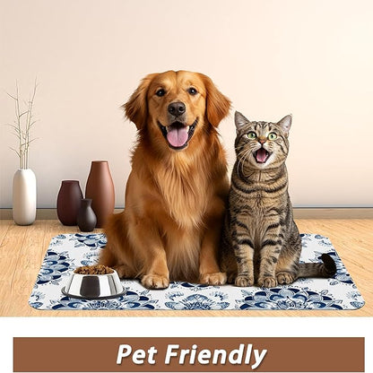 Mandala Flower Dog Food Mat for Floors,Blue Boho Floral Absorbent Quick-Dry Pet Feeding Mat,Cat Dog Bowl Mats for Food and Water,Non-Slip Pet Accessories Supplies 16"x24"
