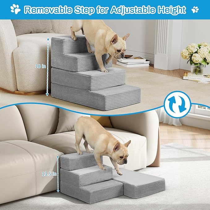 Dog Stairs for Small Dogs, 4 Step Pet Stairs for High Beds and Couch, Dog Steps for Bed Balanced 18" H, Foldable Pet Ramp for Large Cats Climb, Non-Slip Bottom Doggy Step, Dark Grey
