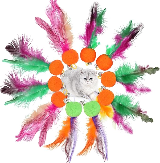 12 Pcs Cat Feather Toy Refills, Interactive Wand Attachments with Bells, Colorful Interactive Teaser Feathers Replacement for Indoor Cats & Kittens