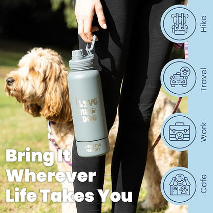 Dog Water Bottle for Dog Lovers - 32 oz Stainless Steel Double Wall Insulated Water Bottle with 8 oz Detachable Bowl on Bottom- Ideal Doggy Lover Gift for Hiking, Walking, Travel - “Love" Smoky Grey