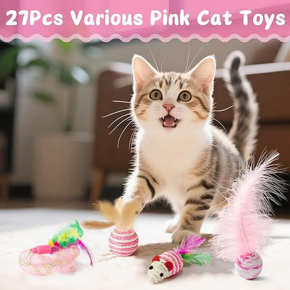 MALLMALL6 Cat Toy Set Interactive Cat Toys 27Pcs Pack Stuff Pink Feather Teaser Wand Springs Mice Sisal Fish Crinkle Balls Bell Balls, Puzzle Pack for Indoor Kitty Play Exercise