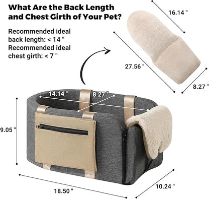 Console Dog Car Seat Cat Carrier - Pet Car Booster Seat on Cars' Armrest Travel Bags for Cats Dogs with Easy Carrying Strap Dog Travel Carrier with Safety Tethers