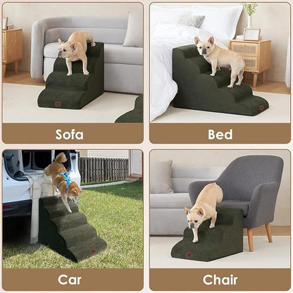 EHEYCIGA Curved Dog Stairs Ramp for High Beds 22.6" H, 5-Step Dog Steps for Small Dogs and Cats, Pet Stairs for High Bed Climbing, Non-Slip Balanced Pet Step Indoor, Military Green