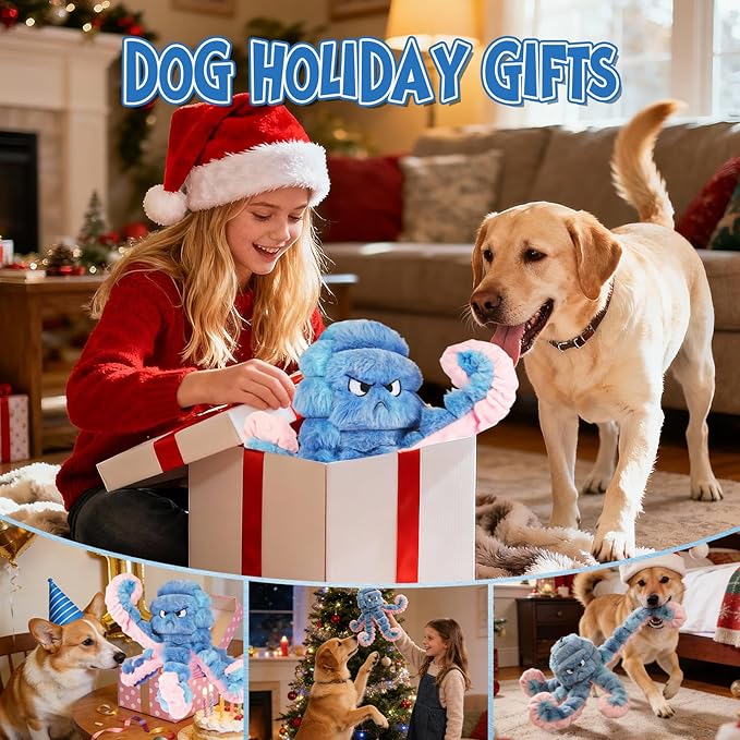 Tough Octopus Dog Toy, Interactive Squeaky & Crinkle Tug of War Toy for Aggressive Chewers, Large Durable Plush Chew Toys to Keep Dogs Busy- Crinkle Octopus, Large (Blue)