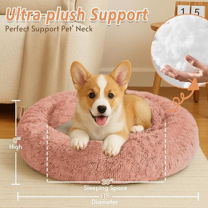 JOLLYVOGUE Calming Dog Bed Medium Size Dog, 31in Donut Washable Medium Pet Bed, Anti-Slip & Anti-Anxiety Fluffy Faux Fur Round Dogs Bed, Fits up to 45 lbs Pets (Peach Pink)